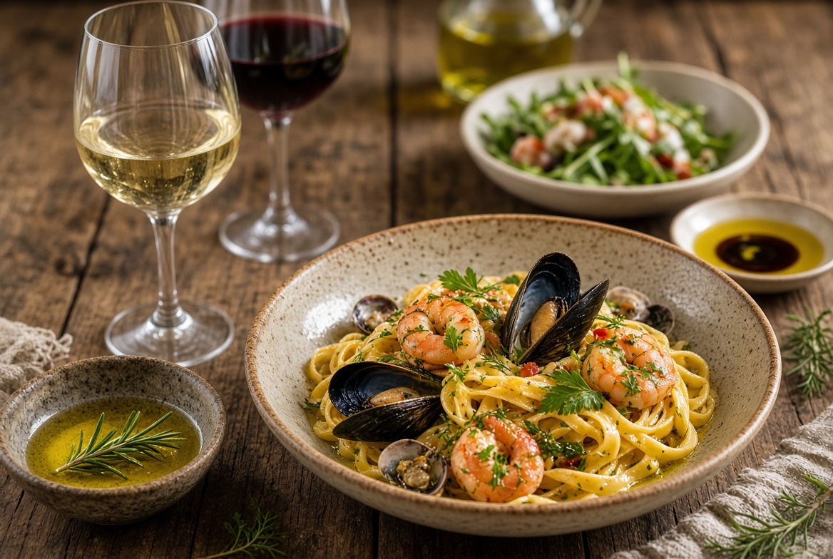 Food-focused travel — elegant seafood pasta and wine