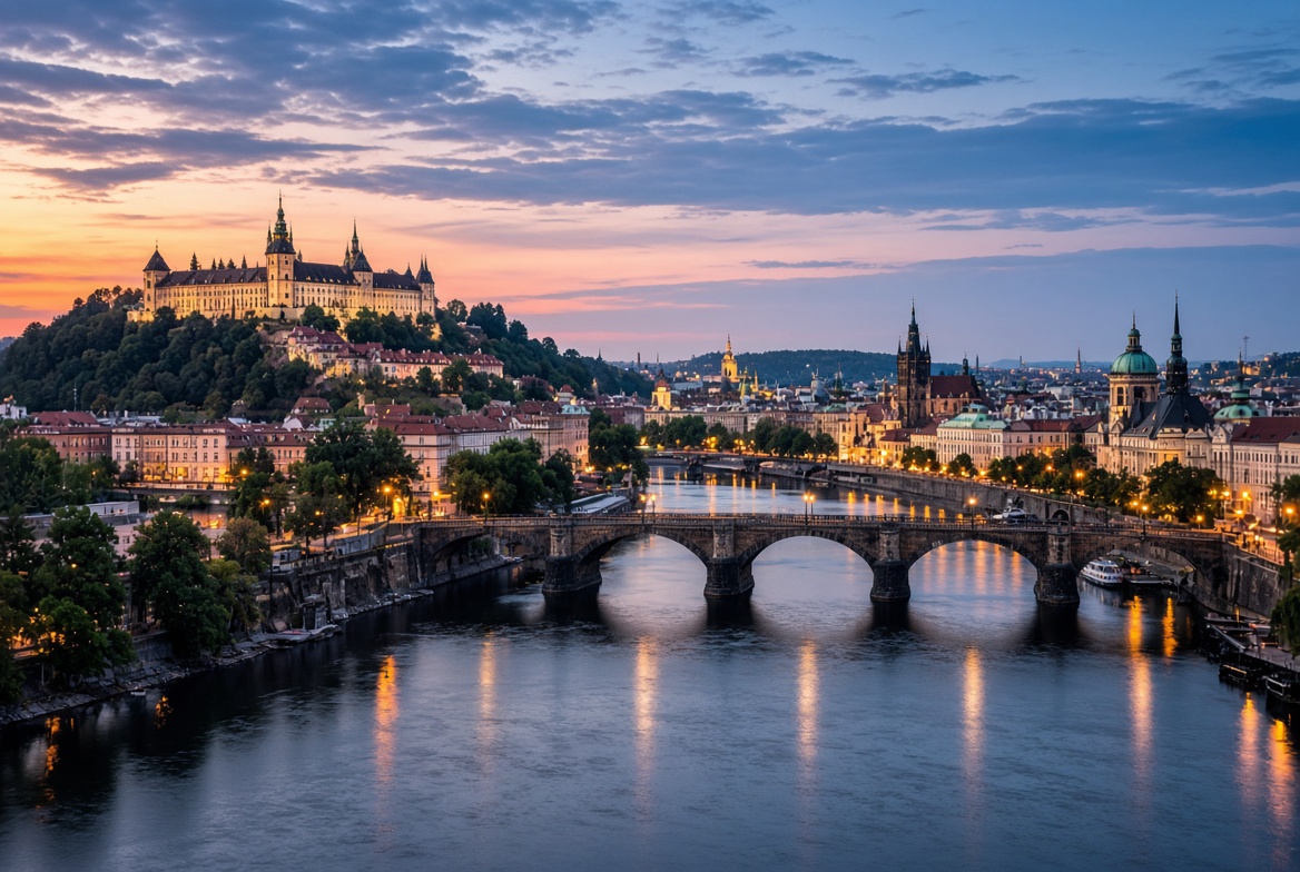 Multi-city itineraries — European skyline and bridges at dusk